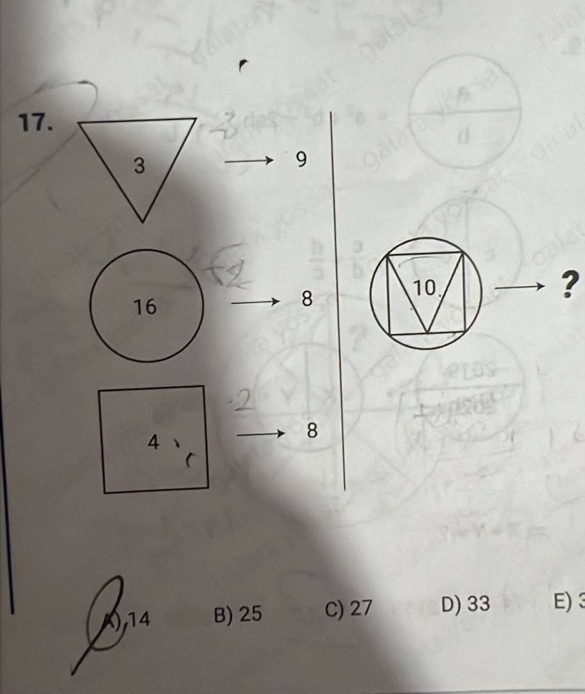 3
9
16
8
10
?
4
8
(
, 14 B) 25 C) 27 D) 33 E) 3