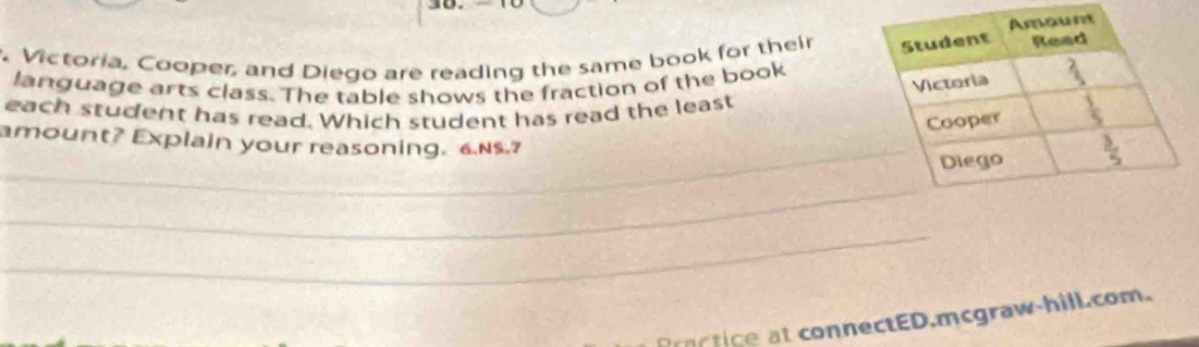 Victoria, Cooper, and Diego are reading the same book for their 
language arts class. The table shows the fraction of the book
each student has read. Which student has read the least
amount? Explain your reasoning. 6.s.7
_
_
_
c tc e at connectED.mcgraw-hill.com.