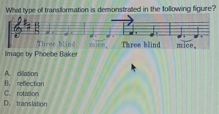 What type of transformation is demonstrated in the following figure?
Image by Phoebe Baker
A. dilation
B. reflection
C. rotation
D. translation