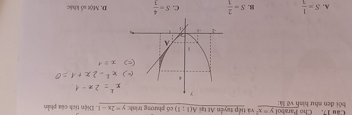 Cầu 17. Cho Parabol y=x^2 và tiếp tuyến At tại A(1;1) có phương trình: y=2x-1. Diện tích của phần
bội đen như hình vẽ là:
A. S= 1/3  S= 2/3  C. S= 4/3  D. Một số khác
B.