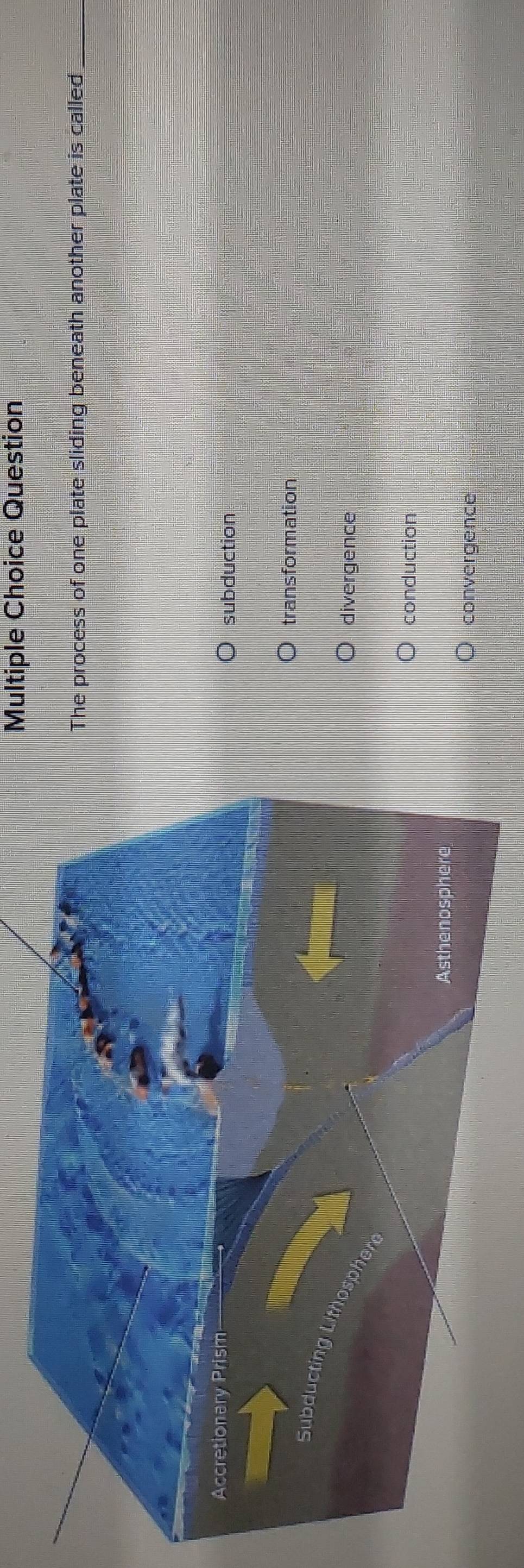 Question
process of one plate sliding beneath another plate is called_
subduction
transformation
divergence
conduction
convergence