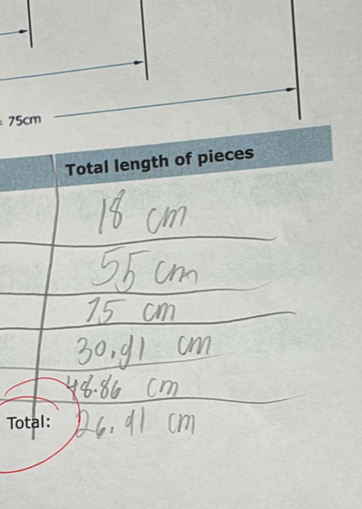 75cm
Total length of pieces 
Total: