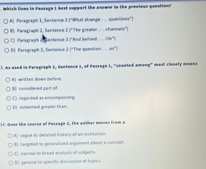 Solved: Which lines in Passage 1 best support the answer to the ...