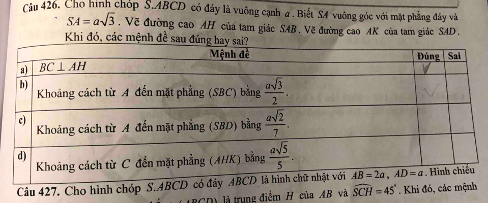 Cho hình chóp S.ABCD có đáy là vuông cạnh a . Biết SA vuông góc với mặt phẳng đáy và
SA=asqrt(3). Vẽ đường cao AH của tam giác SAB. Vẽ đường cao AK của tam giác SAD.
Khi đó, các mệnh đề sau đú
Câu 427. Cho hình chóp S.ABC
là trung điểm H của AB và widehat SCH=45°. Khi đó, các mệnh