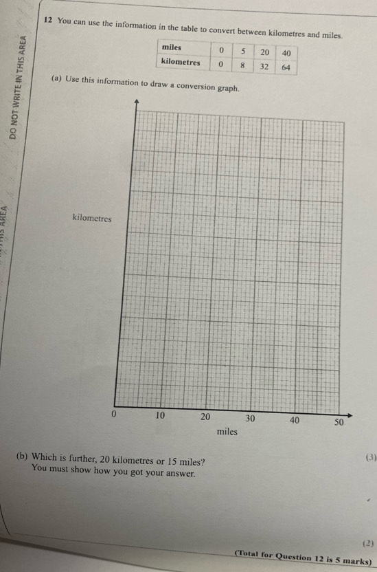 You can use the information in the table to convert between kilometres and miles. 
(a) Use this information to draw a conversion gr 
kilometr 
(b) Which is further, 20 kilometres or 15 miles? 
(3) 
You must show how you got your answer. 
(2) 
(Total for Question 12 is 5 marks)