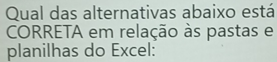 Qual das alternativas abaixo está 
CORRETA em relação às pastas e 
planilhas do Excel: