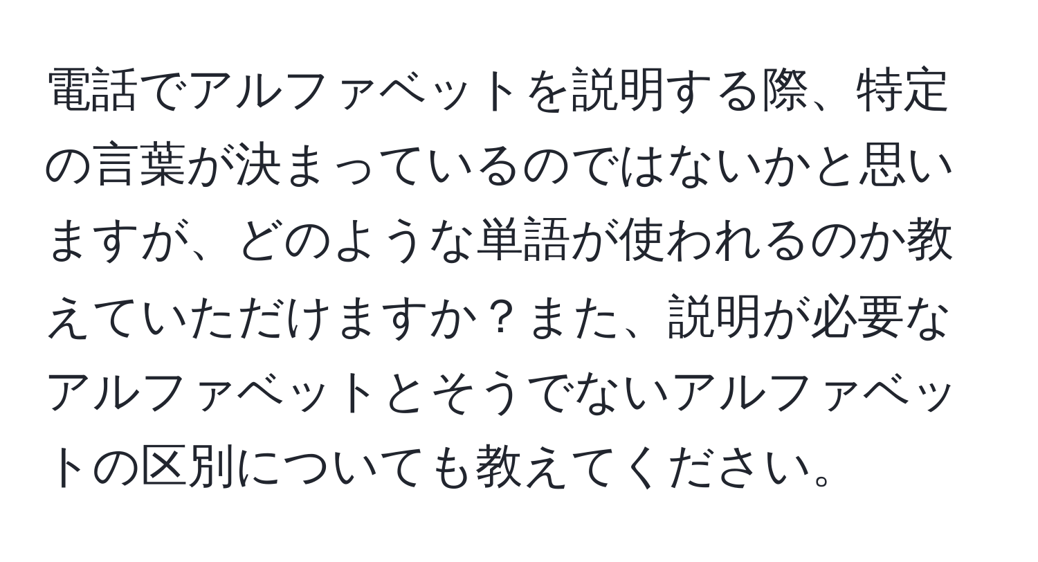 電話でアルファベットを説明する際、特定の言葉が決まっているのではないかと思いますが、どのような単語が使われるのか教えていただけますか？また、説明が必要なアルファベットとそうでないアルファベットの区別についても教えてください。