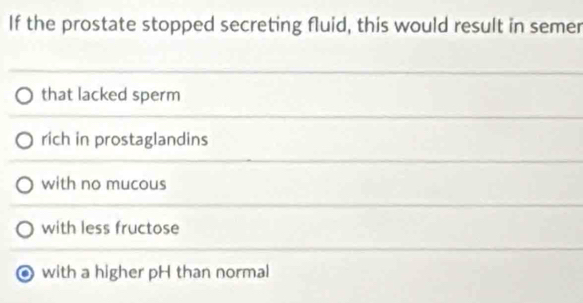 Solved: If the prostate stopped secreting fluid, this would result in ...