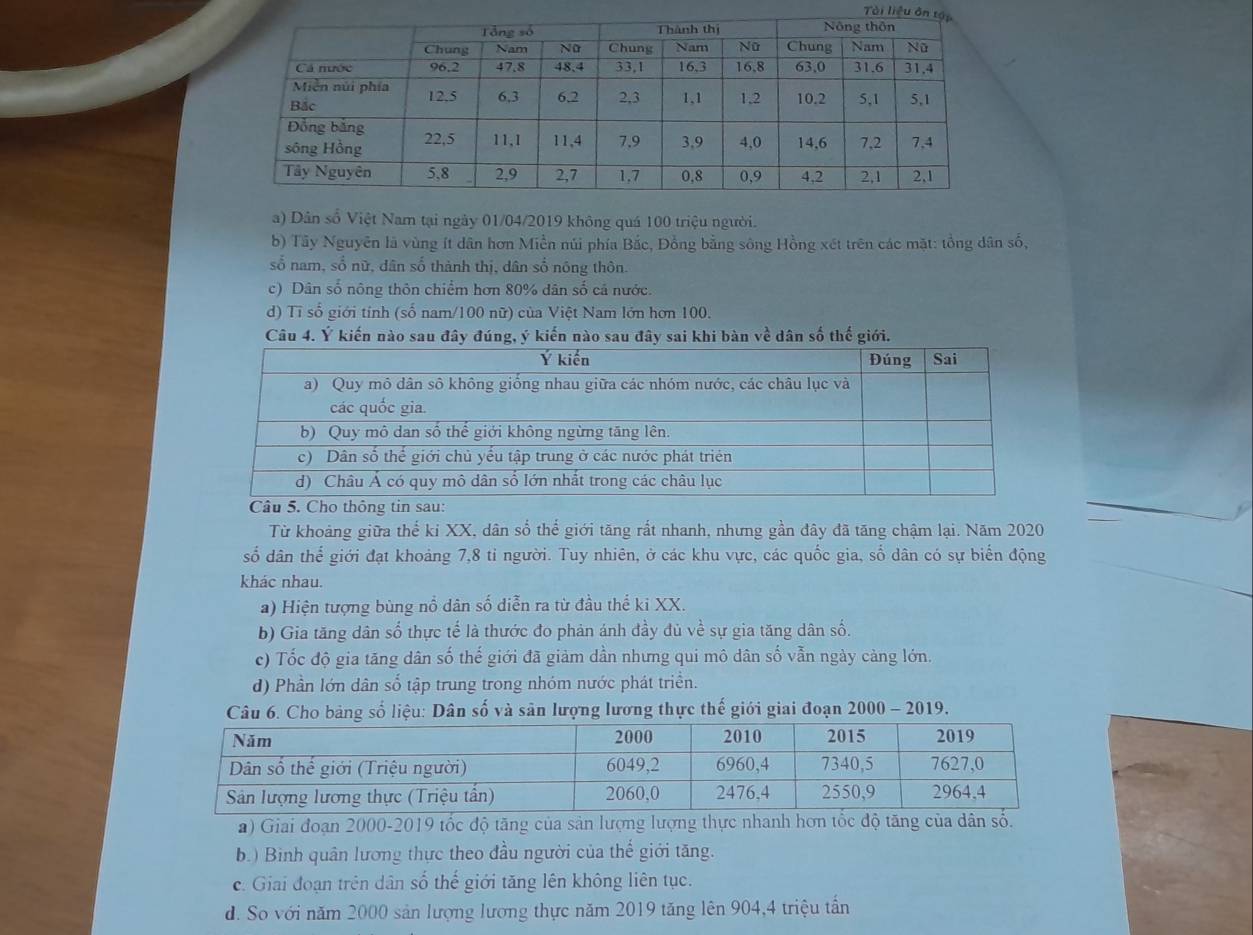 Tài liệu ô
a) Dân số Việt Nam tại ngày 01/04/2019 không quá 100 triệu người.
b) Tây Nguyên là vùng ít dân hơn Miền núi phía Bắc, Đồng bằng sông Hồng xét trên các mặt: tổng dân số,
số nam, số nữ, dân số thành thị, dân số nông thôn.
c) Dân số nông thôn chiểm hơn 80% dân số cả nước.
d) Tỉ số giới tính (số nam/100 nữ) của Việt Nam lớn hơn 100.
Câu 4. Ý kiến nào sau đây đúng, ý kiến nào sau đây sai khi bàn về dân số thế giới.
Từ khoảng giữa thế ki XX, dân số thể giới tăng rất nhanh, nhưng gần đây đã tăng chậm lại. Năm 2020
số dân thể giới đạt khoảng 7,8 tỉ người. Tuy nhiên, ở các khu vực, các quốc gia, số dân có sự biển động
khác nhau.
a) Hiện tượng bùng nổ dân số diễn ra từ đầu thể ki XX.
b) Gia tăng dân số thực tế là thước đo phản ánh đầy đủ về sự gia tăng dân số.
c) Tốc độ gia tăng dân số thế giới đã giảm dần nhưng qui mô dân số vẫn ngày cảng lớn.
d) Phần lớn dân số tập trung trong nhóm nước phát triển.
Câu 6. Cho bảng số liệu: Dân số và sản lượng lương thực thế giới giai đoạn 2000 - 2019,
a) Giai đoạn 2000-2019 tốc độ tăng của sản lượng lượng thực nhanh hơn tốc độ tăng của dân số.
b.) Binh quân lương thực theo đầu người của thế giới tăng.
c. Giai đoạn trên dân số thế giới tăng lên không liên tục.
d. So với năm 2000 sản lượng lương thực năm 2019 tăng lên 904,4 triệu tấn