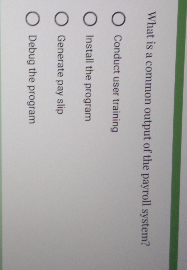 What is a common output of the payroll system?
Conduct user training
Install the program
Generate pay slip
Debug the program