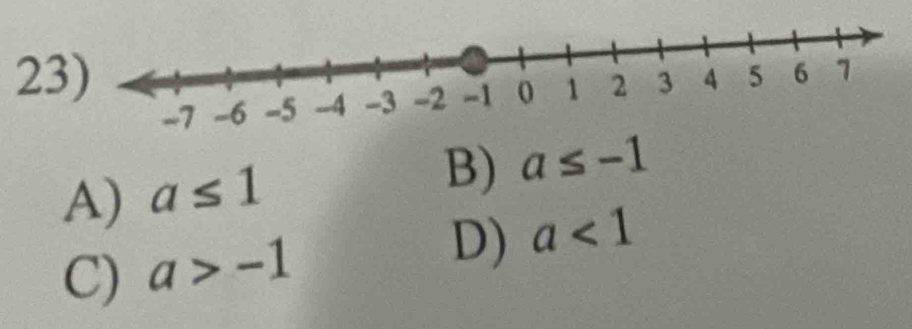 2
A) a≤ 1
B) a≤ -1
C) a>-1
D) a<1</tex>