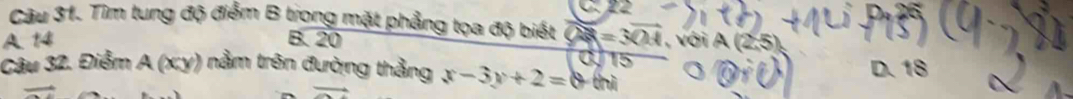 “
Câu 31. Tìm tung độ điểm B trong mặt phẳng tọa độ biết
A. 14 B. 20 OR=3OA , với A(2,5)
15 
Câu 32. Điểm A(xy) nằm trên đường thằng x-3y+2=0 thì D. 18