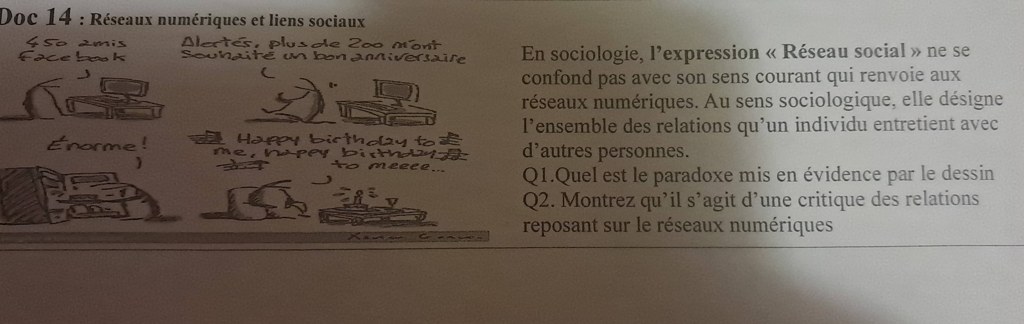 Doc 14 : Réseaux numériques et liens sociaux 
4 Sº am 
E 

ben aniversaite En sociologie, l’expression « Réseau social » ne se 
confond pas avec son sens courant qui renvoie aux 
néseaux numériques. Au sens sociologique, elle désigne 
l’ensemble des relations qu’un individu entretient avec 
Happy birthdy t 
Enorme d’autres personnes. 
DuthE 
Q1.Quel est le paradoxe mis en évidence par le dessin 
Q2. Montrez qu’il s’agit d’une critique des relations 
reposant sur le réseaux numériques