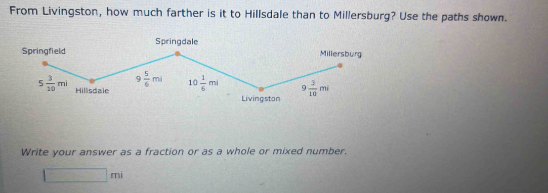 From Livingston, how much farther is it to Hillsdale than to Millersburg? Use the paths shown. 
Springdale 
Springfield Millersburg
9 5/6 mi 10 1/6 mi
5 3/10 mi Hillsdale
9 3/10 mi
Livingston 
Write your answer as a fraction or as a whole or mixed number.
□ mi