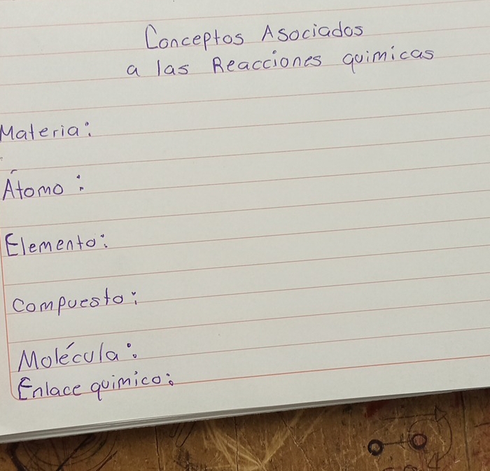 Conceptos Asociados 
a las Reacciones goimicas 
Materia: 
Atomo: 
Elemento: 
compuesto: 
Molecula: 
Enlace qoimico: