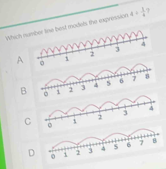 Which nst models the expression 4/  1/4  ?
A
B
C
D