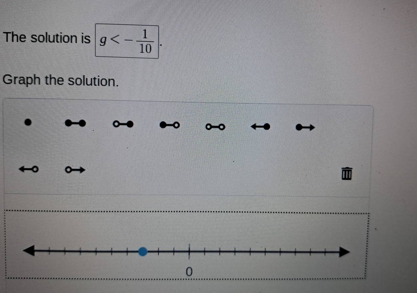 The solution is g<- 1/10 |. 
Graph the solution.