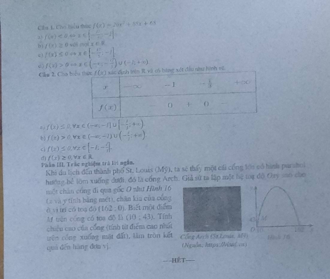 Cầu 1. Cho hiểu thức f(x)=20x^2+88x+68
3) f(x)<0</tex> x∈ [-frac 17,-1]
b) f(x)≥ 0 vGmolx∈ R
c) f(x)≤ 0Leftrightarrow x∈ [- (7/5 ;-1]
d) f(x)>0Leftrightarrow x∈ (-x,-frac i7)∪ ()5)∪ (-1;+∈fty ).
Cầu 2. Cho biđầu như hình vẽ
3) f(x)≤ 0,forall x∈ (-∈fty ;-1]∪ [- 1/3 ;+∈fty ).
b) f(x)>0,forall x∈ (-∈fty ;-1)∪ (- 1/3 ;+∈fty )
c) f(x)≤ 0,forall x∈ [-1;- 1/3 ].
d) f(x)≥ 0,forall x∈ R.
Phần III. Trắc nghiệm trả lời ngắn.
Khi du lịch đến thành phố St. Louis (Mỹ), ta sẽ thấy một cái cổng lớn có hình purahol
hướng bể lõm xuống đưới, đó là cống Arch. Giả sứ ta lập một hệ toạ độ Oxy sao cho
một chân công đi qua gốc 0 như Hình 16 
(x và y tính bằng mét), chân kia của cổng
ở vị trí có toạ độ (162:0) Biết một điểm
M trên cống có toa độ là (10;43). Tính
chiều cao của cổng (tính từ điểm cao nhất
trên cổng xuống mặt đất), làm tròn kết  Cổng Arch (St.Louis, M
quá dến hàng đơn vị. (Nguồn: https://visaf va)
===HÉT