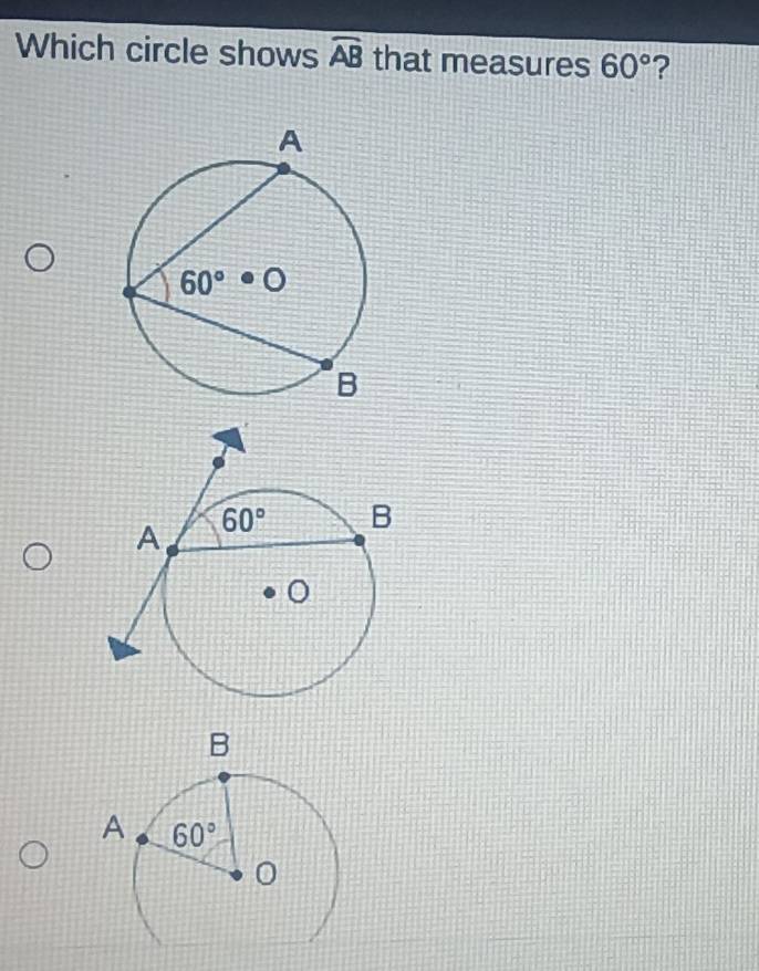 Which circle shows widehat AB that measures 60° ?