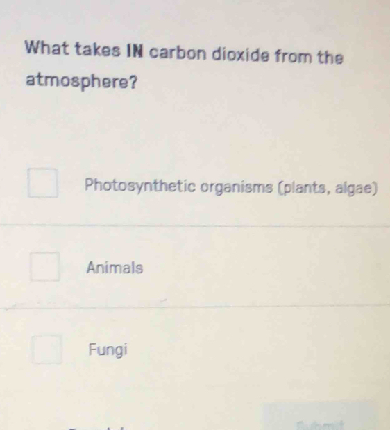 What takes IN carbon dioxide from the
atmosphere?
Photosynthetic organisms (plants, algae)
Animals
Fungi