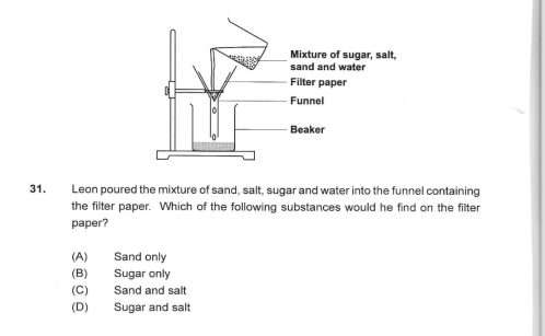 Leon poured the mixture of sand, salt, sugar and water into the funnel containing
the filter paper. Which of the following substances would he find on the filter
paper?
(A) Sand only
(B) Sugar only
(C) Sand and salt
(D) Sugar and salt