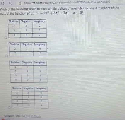 Which of the following could be the complete chart of possible types and numbers of the 
oots of the function F(x)=-2x^5+3x^3+2x^2-x-3 ? 
Question Help: D Post to forum