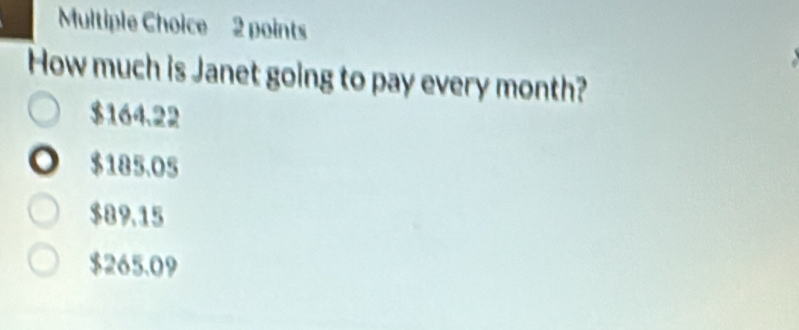 How much is Janet going to pay every month?
$164.22
$185.05
$89.15
$265.09