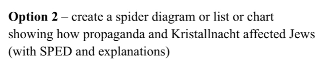 Option 2 - create a spider diagram or list or chart 
showing how propaganda and Kristallnacht affected Jews 
(with SPED and explanations)