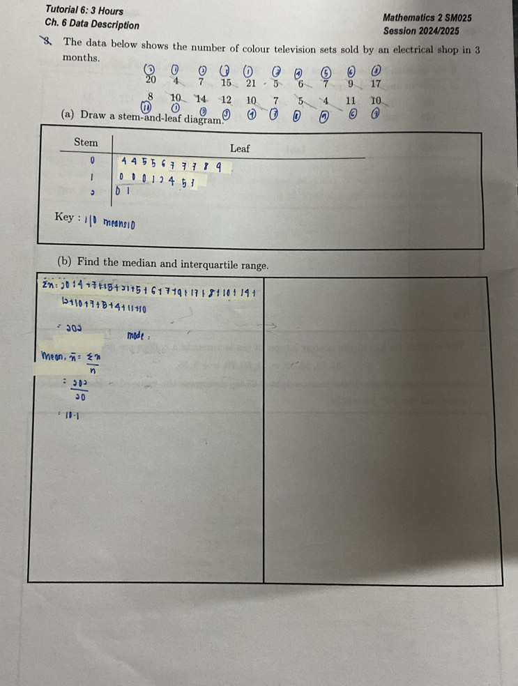 Tutorial 6: 3 Hours 
Ch. 6 Data Description Mathematics 2 SM025 
Session 2024/2025 
The data below shows the number of colour television sets sold by an electrical shop in 3
months.
2 0 ③ 0 ① ⑤ ③
20 4 7 15 21 5 6 7 9 17
8 10 14 12 10 7 5 4 11 10
1
③ ① 
(a) Draw a stem-and-leaf diagram. 0 a 0
Stem Leaf
0 4 4 5 5 6 1
1
。 b 1
Key : 10 means10