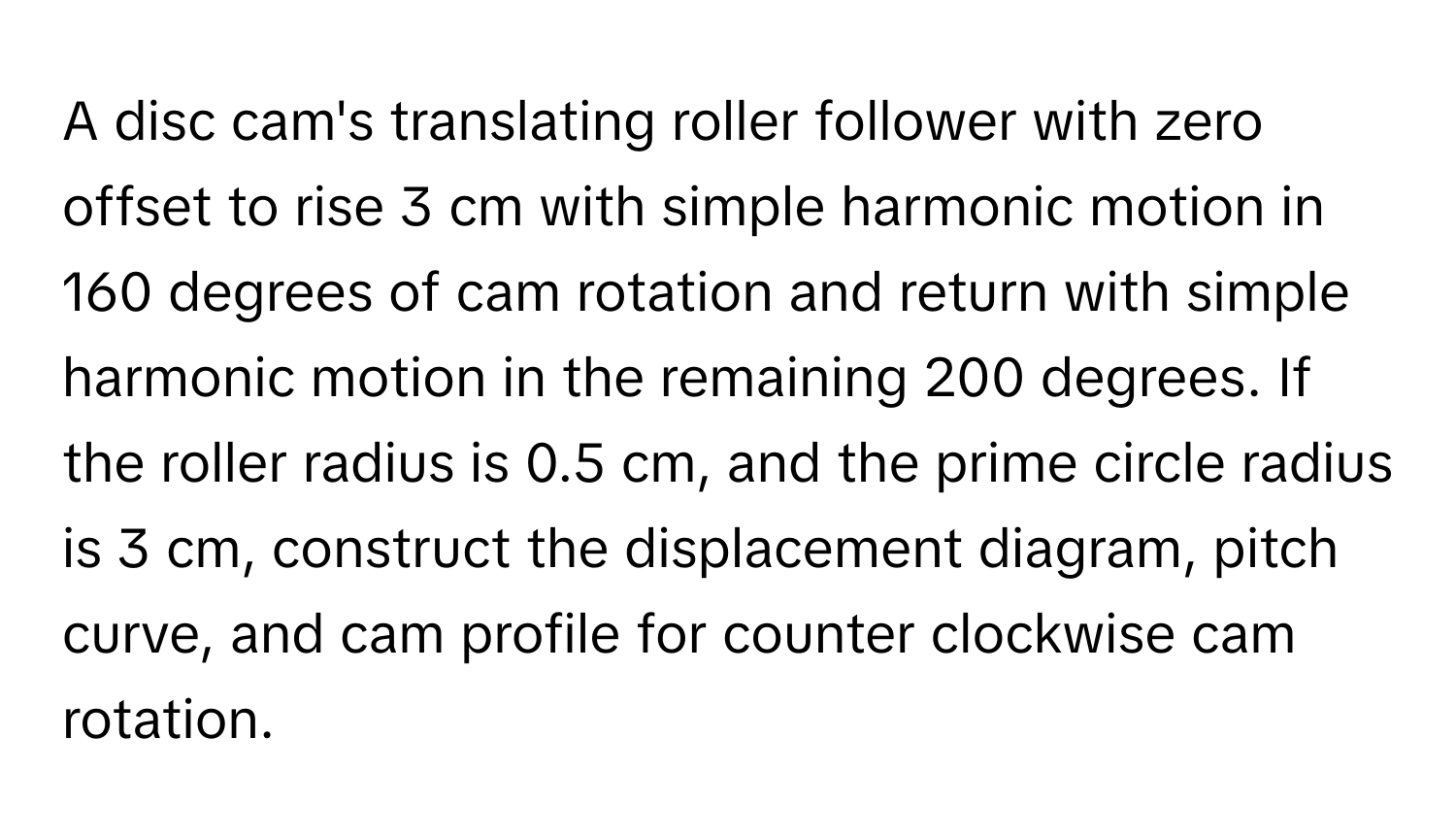 A disc cam's translating roller follower with zero offset to rise 3 cm with simple harmonic motion in 160 degrees of cam rotation and return with simple harmonic motion in the remaining 200 degrees. If the roller radius is 0.5 cm, and the prime circle radius is 3 cm, construct the displacement diagram, pitch curve, and cam profile for counter clockwise cam rotation.