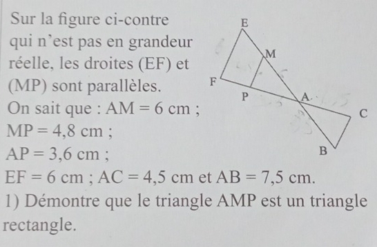 Sur la figure ci-contre 
qui n’est pas en grandeur 
réelle, les droites (EF) et 
(MP) sont parallèles. 
On sait que : AM=6cm;
MP=4,8cm; 
^1
AP=3,6cm;
EF=6cm; AC=4,5cm et AB=7,5cm. 
1) Démontre que le triangle AMP est un triangle 
rectangle.