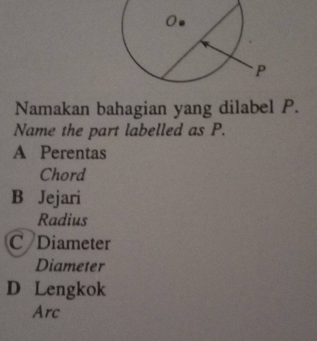 Namakan bahagian yang dilabel P.
Name the part labelled as P.
A Perentas
Chord
B Jejari
Radius
C Diameter
Diameter
D Lengkok
Arc