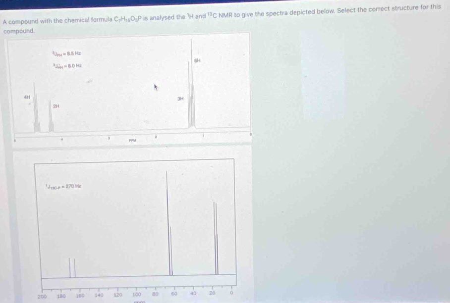A compound with the chemical formula C_7H_15O_5P is analysed the ¹H and^(13)C NMR to give the spectra depicted below. Select the correct structure for this
compound.
^3J_PY=8.5Hz
6H^3J_(r01)^1=8.0Hz
4H
3H
  
2H
C
a FPM
200 18O 160 140 120