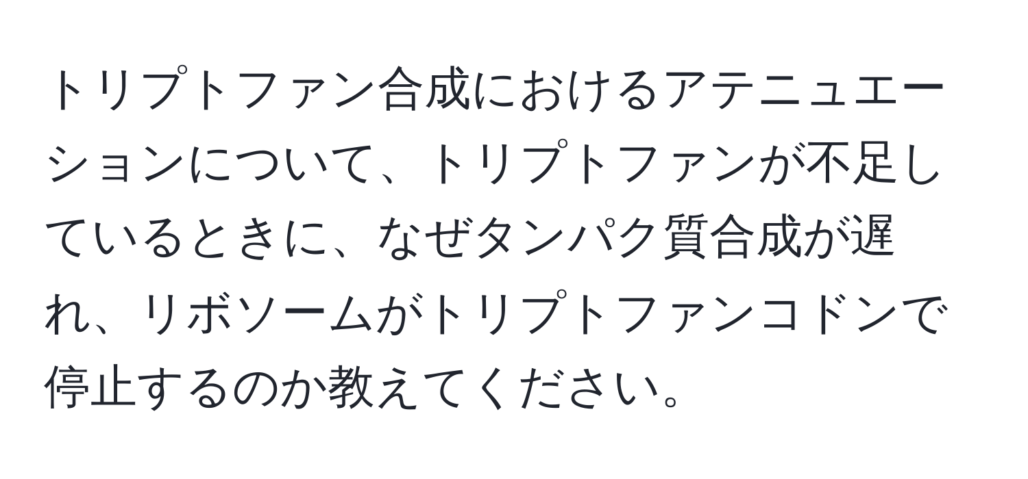 トリプトファン合成におけるアテニュエーションについて、トリプトファンが不足しているときに、なぜタンパク質合成が遅れ、リボソームがトリプトファンコドンで停止するのか教えてください。