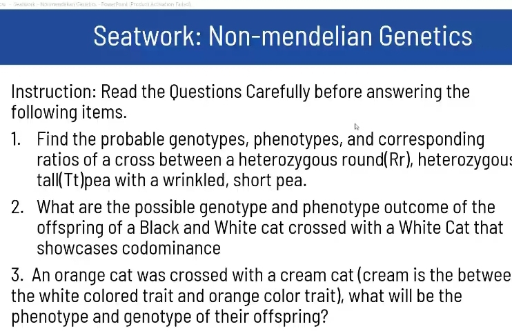 ow - Sealwork - Normendelan Geuetics - PowerPoink (Produci Activation Failed) 
Seatwork: Non-mendelian Genetics 
Instruction: Read the Questions Carefully before answering the 
following items. 
1. Find the probable genotypes, phenotypes, and corresponding 
ratios of a cross between a heterozygous round(Rr), heterozygous 
tall(Tt)pea with a wrinkled, short pea. 
2. What are the possible genotype and phenotype outcome of the 
offspring of a Black and White cat crossed with a White Cat that 
showcases codominance 
3. An orange cat was crossed with a cream cat (cream is the betwee 
the white colored trait and orange color trait), what will be the 
phenotype and genotype of their offspring?