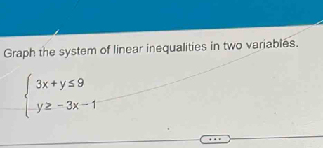 Graph the system of linear inequalities in two variables.
beginarrayl 3x+y≤ 9 y≥ -3x-1endarray.