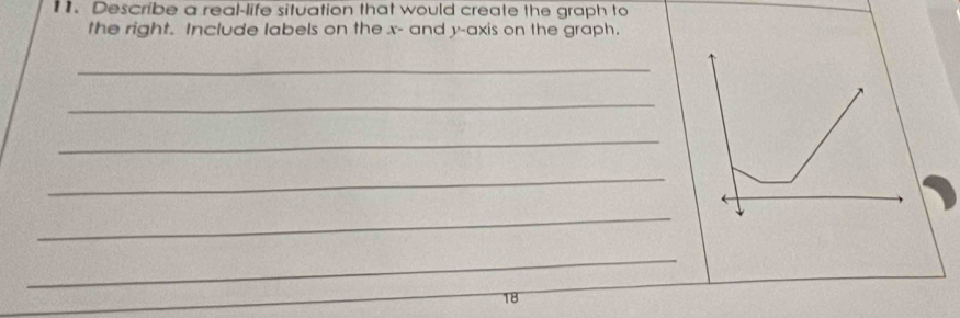 Describe a real-life situation that would create the graph to 
the right. Include labels on the x - and y-axis on the graph. 
_ 
_ 
_ 
_ 
_ 
_ 
18