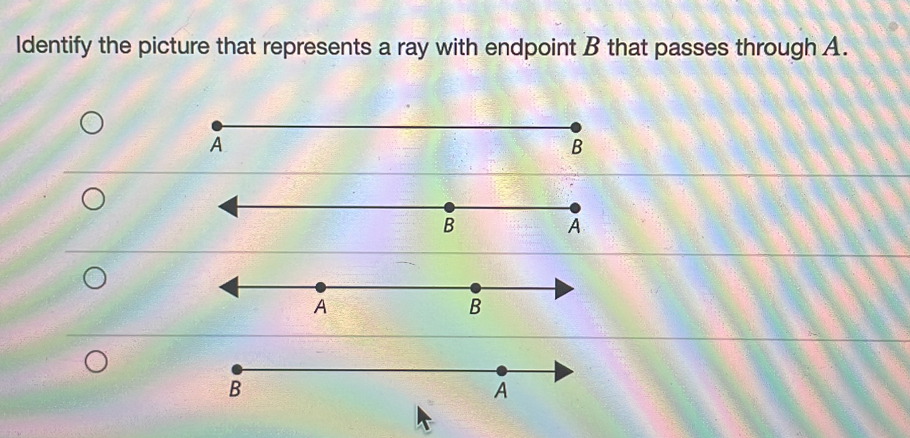 Identify the picture that represents a ray with endpoint B that passes through A. 
A 
B