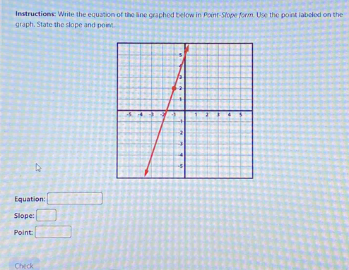 Instructions: Write the equation of the line graphed below in Point-Slope form. Use the point labeled on the 
graph. State the slope and point. 
Equation: □ 
Slope: □ +y+7 
Point: □ 
Check