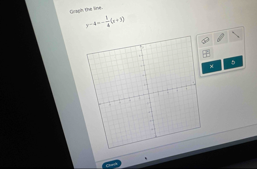 Graph the line.
y-4=- 1/4 (x+3)
5
× 
Check