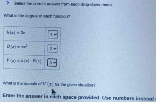 Select the correct answer from each drop-down menu.
What is the degree of each function?
What is the domain of V(x) for the given situation?
Enter the answer in each space provided. Use numbers instead