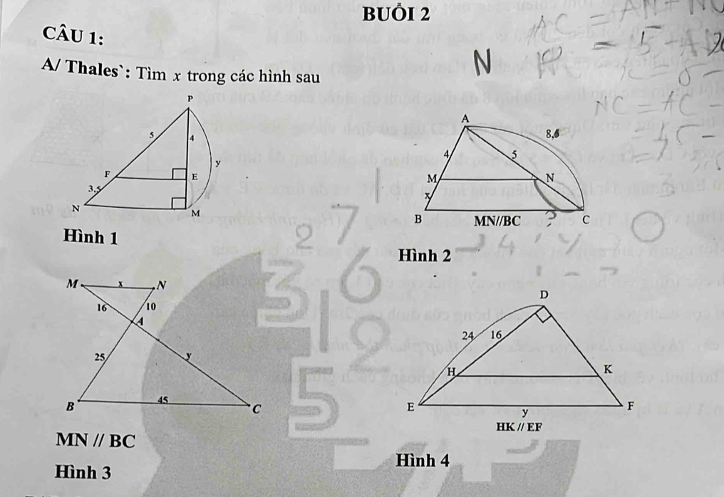 BUÔI 2
CÂU 1:
A/ Thales`: Tìm x trong các hình sau
P
5 4
y
F
E
3,
N
M
Hình 1
Hình 2
5
MN//BC
Hình 4
Hình 3