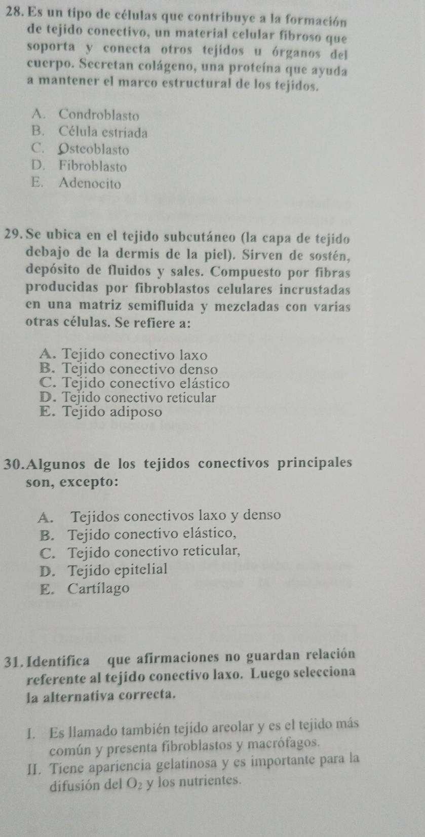 Es un tipo de células que contribuye a la formación
de tejido conectivo, un material celular fibroso que
soporta y conecta otros tejidos u órganos del
cuerpo. Secretan colágeno, una protcína que ayuda
a mantener el marco estructural de los tejidos.
A. Condroblasto
B. Célula estriada
C. Osteoblasto
D. Fibroblasto
E. Adenocito
29. Se ubica en el tejido subcutáneo (la capa de tejido
debajo de la dermis de la piel). Sirven de sostén,
depósito de fluidos y sales. Compuesto por fibras
producidas por fibroblastos celulares incrustadas
en una matriz semifluida y mezcladas con varias
otras células. Se refiere a:
A. Tejido conectivo laxo
B. Tejido conectivo denso
C. Tejido conectivo elástico
D. Tejido conectivo reticular
E. Tejido adiposo
30.Algunos de los tejidos conectivos principales
son, excepto:
A. Tejidos conectivos laxo y denso
B. Tejido conectivo elástico,
C. Tejido conectivo reticular,
D. Tejido epitelial
E. Cartilago
31. Identifica que afirmaciones no guardan relación
referente al tejido conectivo laxo. Luego selecciona
la alternativa correcta.
I. Es llamado también tejido areolar y es el tejido más
común y presenta fibroblastos y macrófagos.
II. Tiene apariencia gelatinosa y es importante para la
difusión del O_2 y los nutrientes.