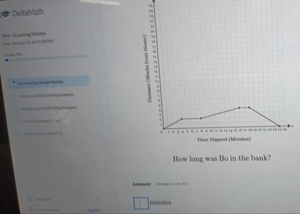 DeltaMath 05 
DM - Graphing Stories 
Dee: Octoter 21 et 1159 PM 
Grade: 4% 
Interpreting Graph Stories 
Ausiing and Subtracting Integers 
Multiphying and Dividing Integers 
Perfect Seoares (1-16) 
x 
Gran Stories (Level 1) 
Answer Attempt 2 out of 2 
Cakulatre minutes 
Samé Sanikzal Log Out