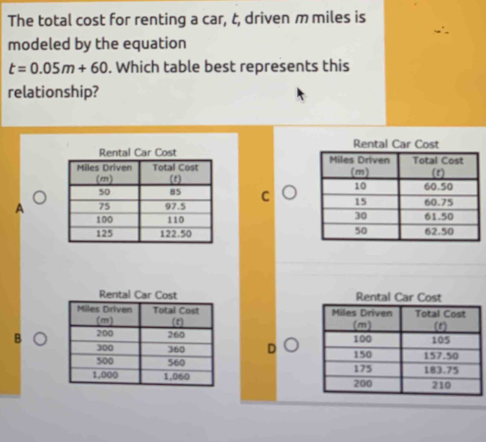 The total cost for renting a car, t, driven m miles is 
modeled by the equation
t=0.05m+60. Which table best represents this 
relationship? 


C 
A 





B