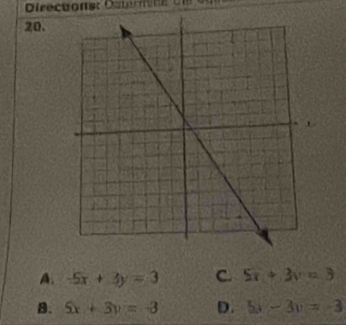 Directona: Dsteres d s ee
20.
A. -5x+3y=3 C. 5x+3y=3
B. 5x+3y=-3 D. 5x-3y=-3