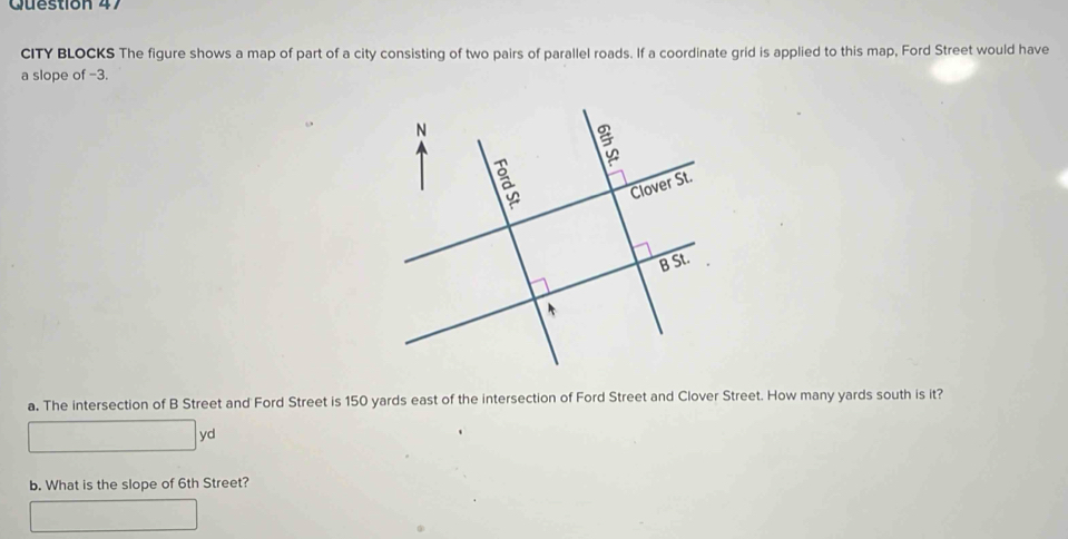 CITY BLOCKS The figure shows a map of part of a city consisting of two pairs of parallel roads. If a coordinate grid is applied to this map, Ford Street would have
a slope of -3.
a. The intersection of B Street and Ford Street is 150 yards east of the intersection of Ford Street and Clover Street. How many yards south is it?
□ yd
b. What is the slope of 6th Street?
□