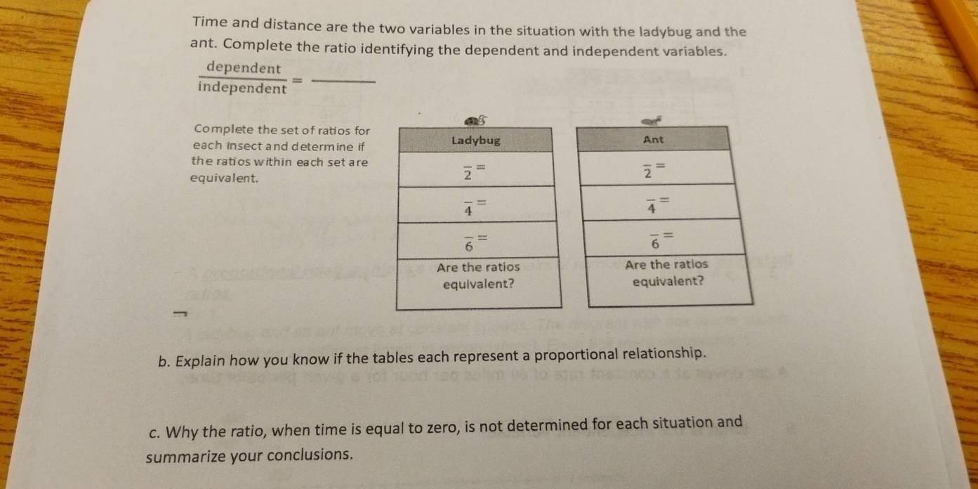 Time and distance are the two variables in the situation with the ladybug and the
ant. Complete the ratio identifying the dependent and independent variables.
 dependent/independent = _
Complete the set of ratios for
each insect and determine if 
the ratios within each set are
equivalent.
b. Explain how you know if the tables each represent a proportional relationship.
c. Why the ratio, when time is equal to zero, is not determined for each situation and
summarize your conclusions.