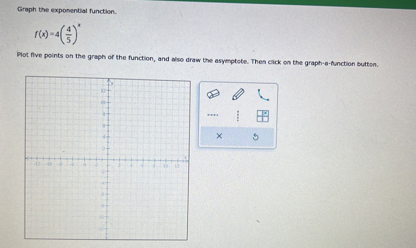 Graph the exponential function.
f(x)=4( 4/5 )^x
Plot five points on the graph of the function, and also draw the asymptote. Then click on the graph-a-function button. 
---- 
S