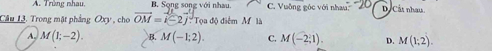 A. Trùng nhau B. Sọng song với nhau. C. Vuông góc với nhau. D. Cất nhau.
Câu 13. Trong mặt phẳng Oxy , cho vector OM=vector i-2vector j Tọa độ điểm Mlà
A. M(1;-2). B. M(-1;2). C. M(-2;1). D. M(1;2).